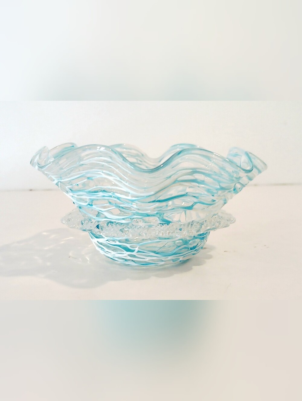 Vintage Handblown Wavy Aqua Glass Decorative Bowl